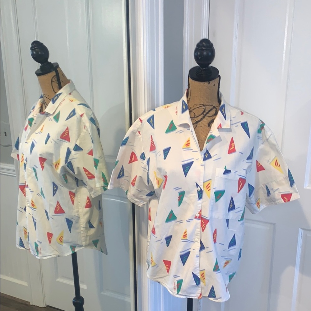 Vintage Ken Done, Art to Wear, Short Sleeve Geometric Button Up Shirt M